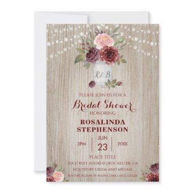 Rustic Bridal Shower Red Floral Wood Background Invitations