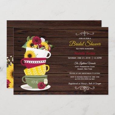 Rustic Bridal Shower Tea Party Roses & Sunflowers Invitations