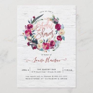 Rustic Bridal Shower, Watercolor Burgundy Wreath Invitations