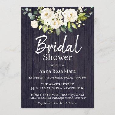 *~* Rustic Bridal Shower White Watercolor Rose Invitations