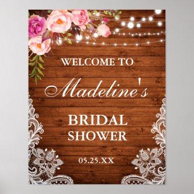 Rustic Bridal Shower Wood Pink Floral Lace Poster