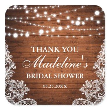 Rustic Bridal Shower Wood String Lace Thank You Square Sticker