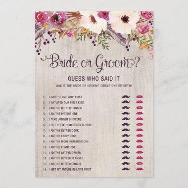 Rustic Bride or Groom Boho Bridal Shower Game Invitations