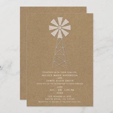 Rustic Brown Kraft Farm Windmill Modern Wedding Invitations