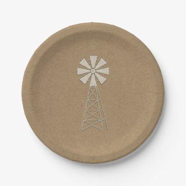 Rustic Brown Kraft Farm Windmill Modern Wedding Paper Plates