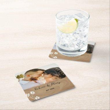 Rustic Brown Wood Custom Photo Wedding Coaster