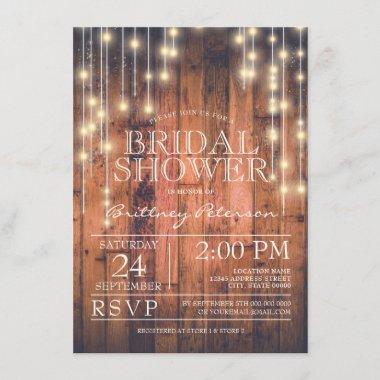 Rustic Brown Wood String Lights | Bridal Shower Invitations