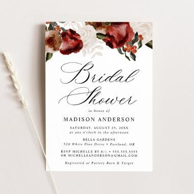 Rustic Burgundy and Ivory Roses Bridal Shower Invitations