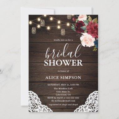 Rustic Burgundy Blush Floral Bridal Shower Invitations
