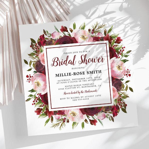 Rustic Burgundy Blush Flowers Bridal Shower Invitations