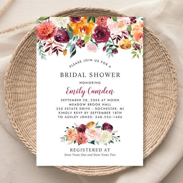 Rustic Burgundy Fall Floral Wedding Bridal Shower Invitations