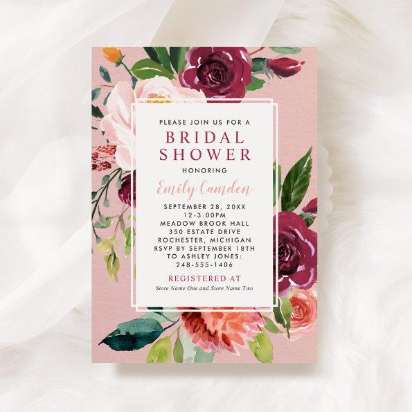 Rustic Burgundy Floral Pink Wedding Bridal Shower Invitations