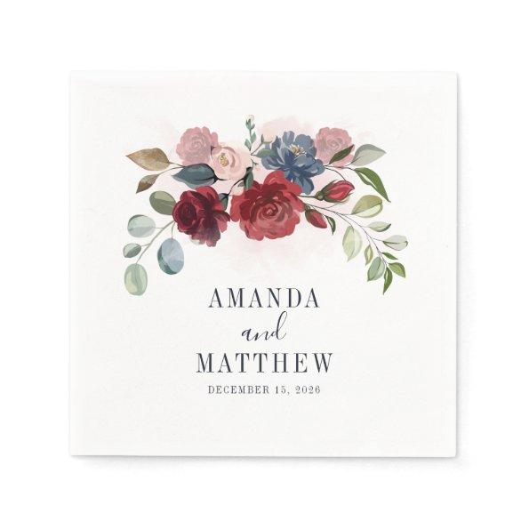 Rustic Burgundy Floral Wedding Cocktail Napkins
