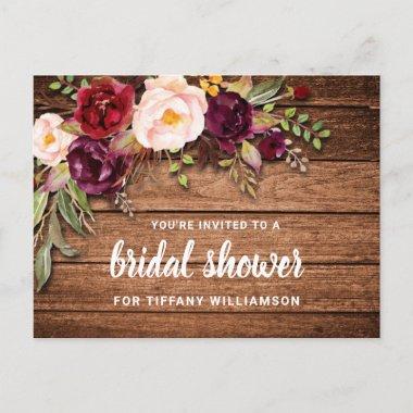 Rustic Burgundy Floral Wood Bridal Shower Invitation PostInvitations
