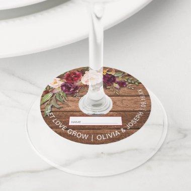 Rustic Burgundy Floral Wood Wedding Wine Glass Tag
