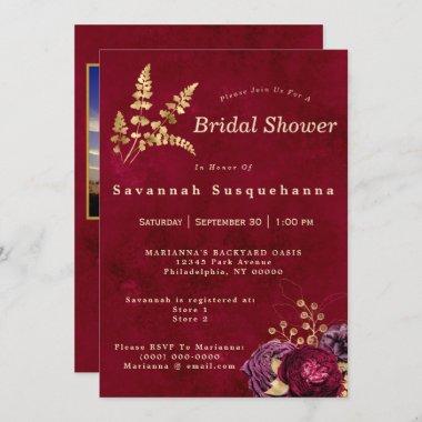 Rustic Burgundy Gold Floral Photo Bridal Shower Invitations