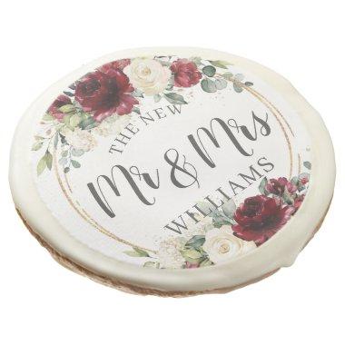 Rustic Burgundy Ivory Floral Wedding New Mr & Mrs Sugar Cookie