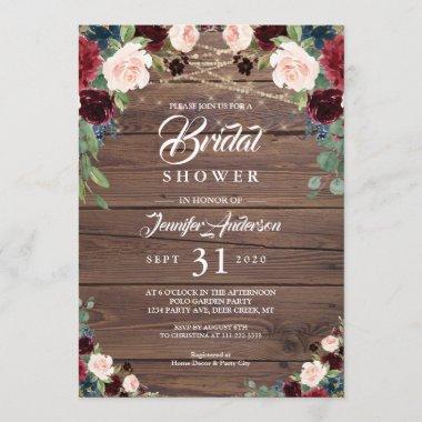 Rustic Burgundy Marsala Floral Bridal Shower Invitations