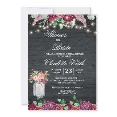 Rustic Burgundy Mason Jar Lights Bridal Shower Invitations