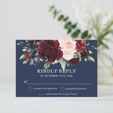 Rustic Burgundy Navy Blush Floral Greenery Wedding RSVP Card