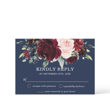 Rustic Burgundy Navy Blush Floral Greenery Wedding RSVP Card