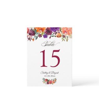 Rustic Burgundy Orange Floral Wedding Table Number