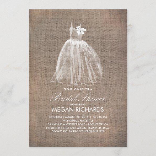 Rustic Burlap and Wedding Gown Bridal Shower Invitations