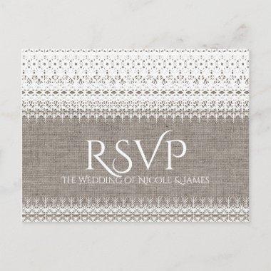 Rustic Burlap & Elegant Lace Wedding RSVP Invitation PostInvitations