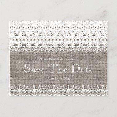 Rustic Burlap & Elegant Lace Wedding Save the Date Announcement PostInvitations