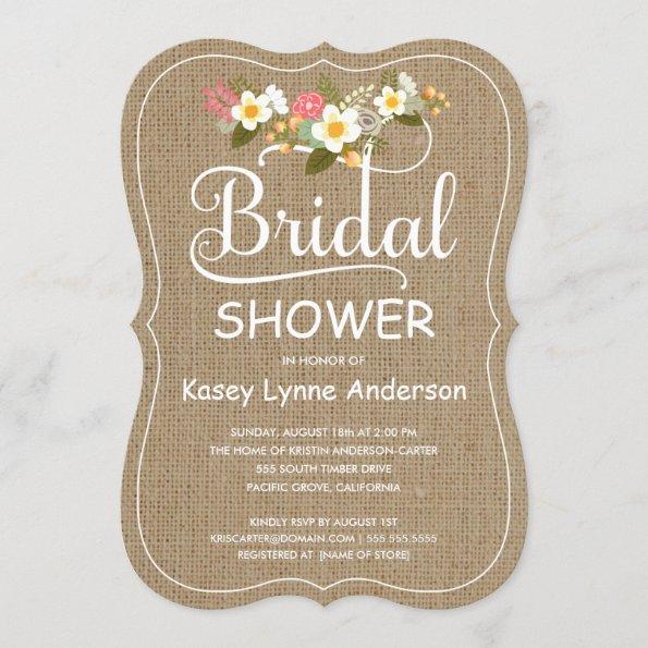 Rustic Burlap Floral Wreath Bridal Shower Invitations
