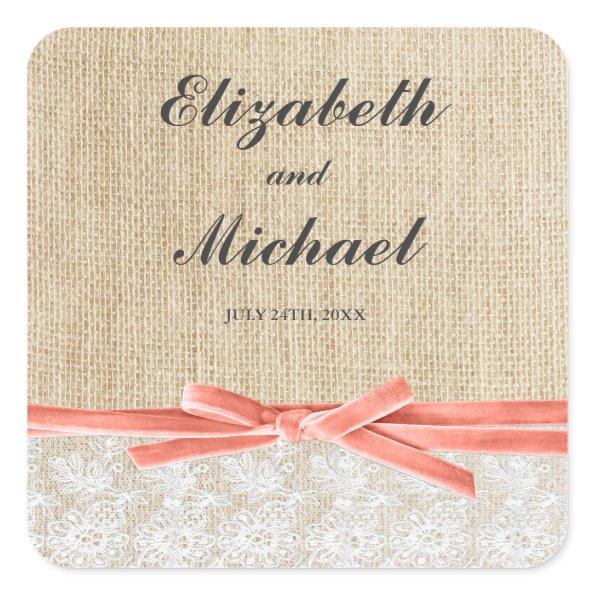 Rustic Burlap Lace Coral Ribbon Favor Label
