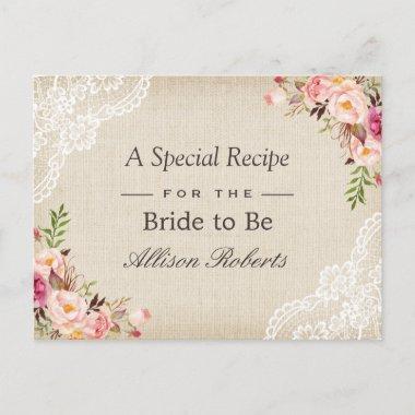 Rustic Burlap Lace Floral Bride To Be Recipe Invitations