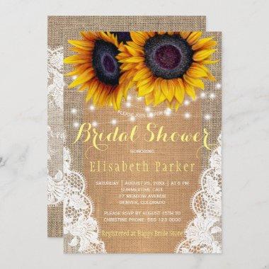 Rustic burlap lace sunflowers lights bridal shower Invitations