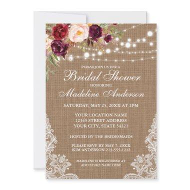 Rustic Burlap Lights Floral Lace Bridal Shower Invitations