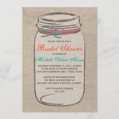 Rustic Burlap Mason Jar Bridal Shower Invitations