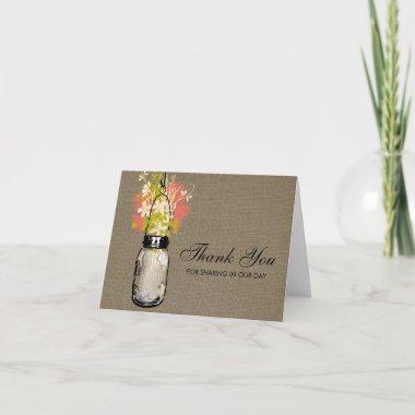 Rustic Burlap Mason Jar filled with Wildflowers Thank You Invitations