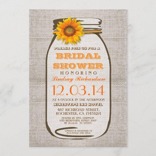 Rustic Burlap Mason Jar Sunflower Bridal Shower Invitations