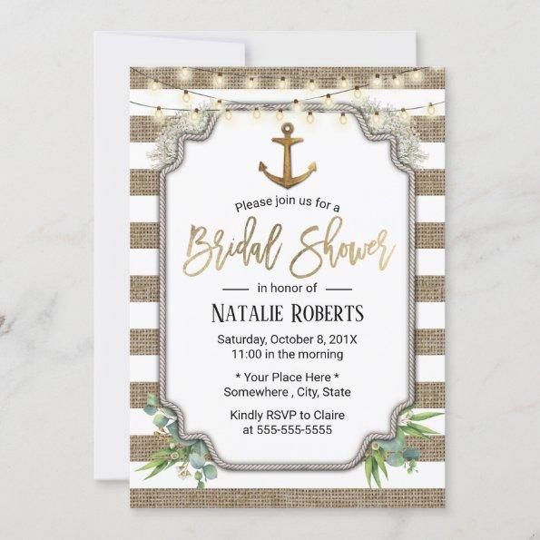 Rustic Burlap Nautical Gold Anchor Bridal Shower Invitations