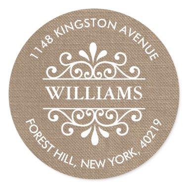 Rustic Burlap Ornate Swirls Custom Return Address Classic Round Sticker