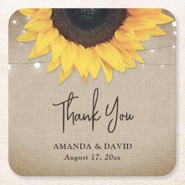 Rustic Burlap Sunflower Thank You Wedding Favor Square Paper Coaster