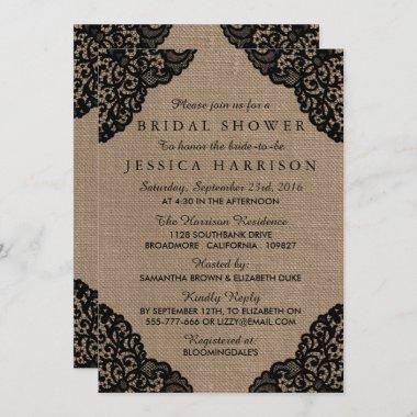 Rustic Burlap & Vintage Black Lace Bridal Shower Invitations