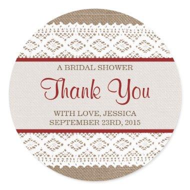Rustic Burlap & Vintage White Lace  Classic Round Sticker