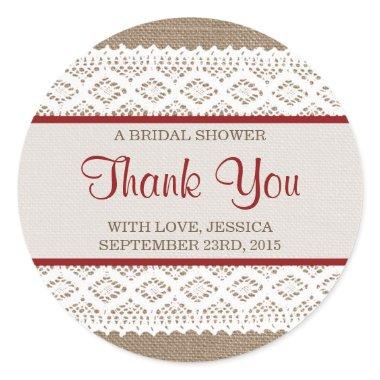 Rustic Burlap & Vintage White Lace Bridal Shower Classic Round Sticker