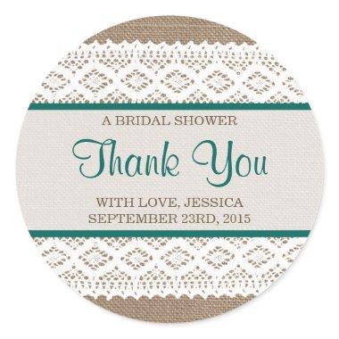 Rustic Burlap & Vintage White Lace  Classic Round Sticker