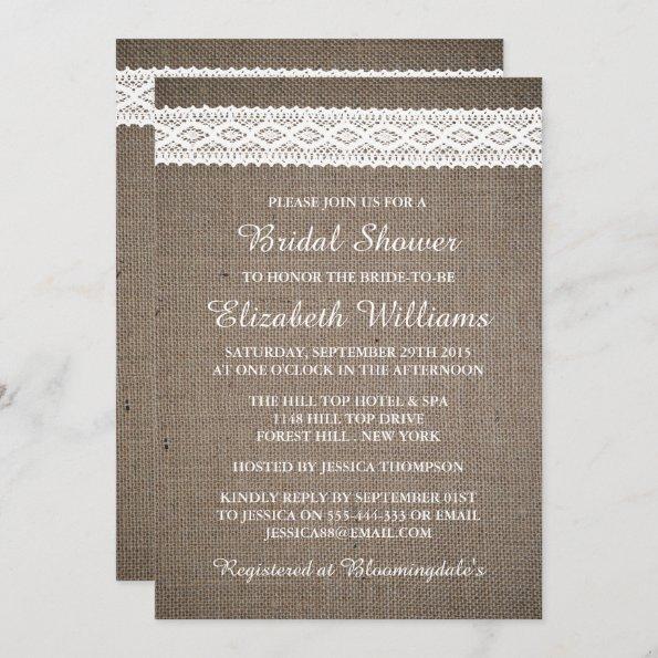 Rustic Burlap & Vintage White Lace Bridal Shower Invitations