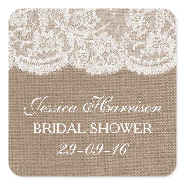 Rustic Burlap & Vintage White Lace  Square Sticker