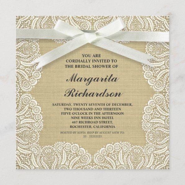 rustic burlap white lace & bow bridalshower invite