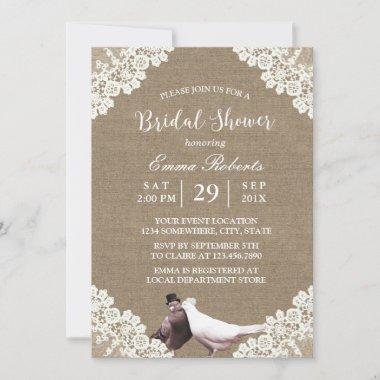 Rustic Burlap White Lace Lovebirds Bridal Shower Invitations