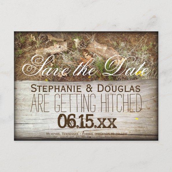 Rustic Camo and Wood Save the Date PostInvitations