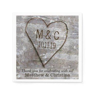 Rustic Carved Birch Heart Tree Wedding Initials Paper Napkins